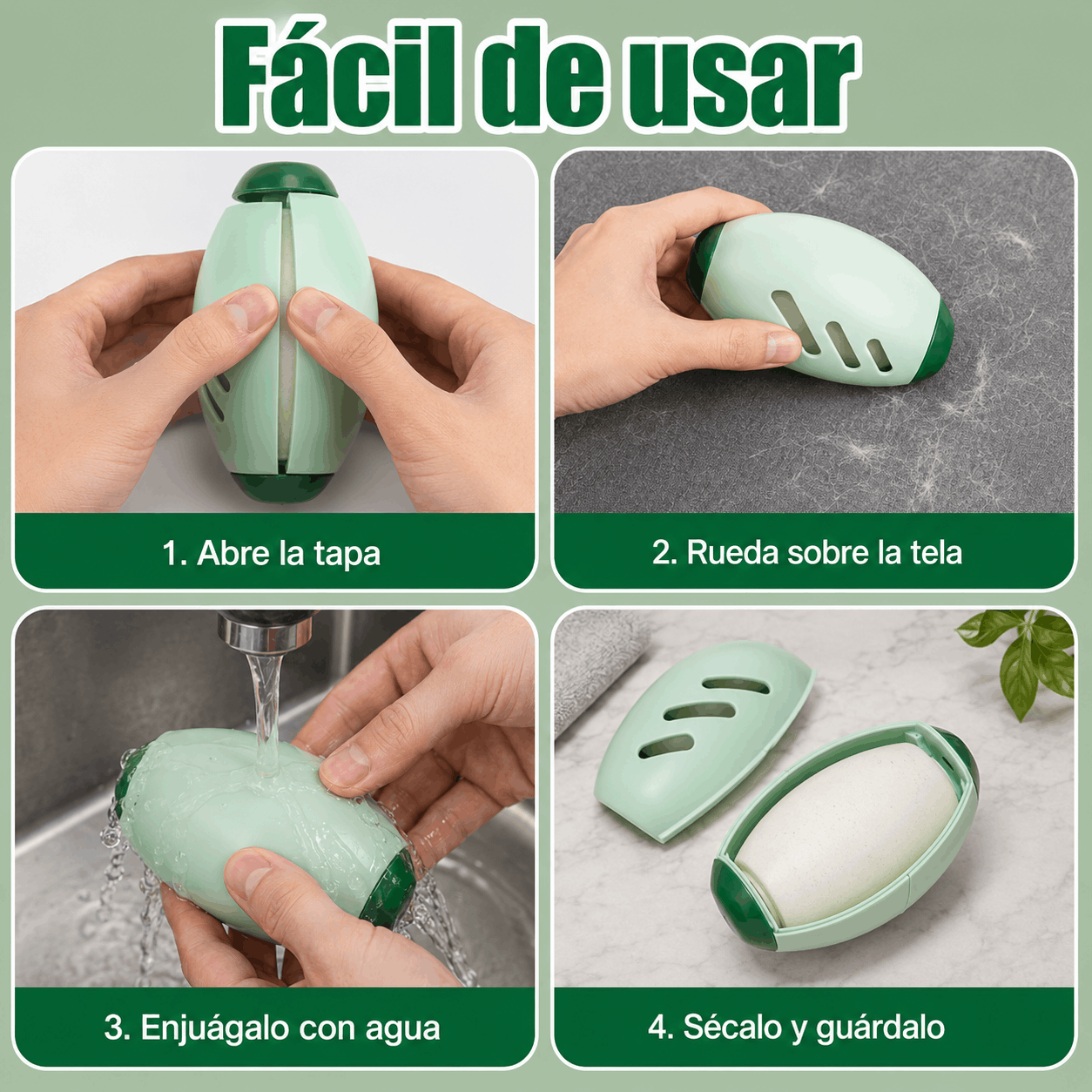 Cómo usar PeluGo en 4 pasos: abre la tapa, rueda sobre la tela, enjuaga con agua, seca y guarda